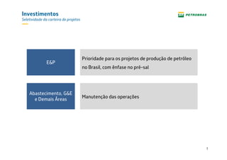 7
Investimentos
Seletividade da carteira de projetos
Prioridade para os projetos de produção de petróleo
no Brasil, com ênfase no pré-sal
E&P
Abastecimento, G&E
e Demais Áreas
Manutenção das operações
 