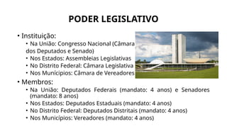 PODER LEGISLATIVO
• Instituição:
• Na União: Congresso Nacional (Câmara
dos Deputados e Senado)
• Nos Estados: Assembleias Legislativas
• No Distrito Federal: Câmara Legislativa
• Nos Munícipios: Câmara de Vereadores
• Membros:
• Na União: Deputados Federais (mandato: 4 anos) e Senadores
(mandato: 8 anos)
• Nos Estados: Deputados Estaduais (mandato: 4 anos)
• No Distrito Federal: Deputados Distritais (mandato: 4 anos)
• Nos Municípios: Vereadores (mandato: 4 anos)
 