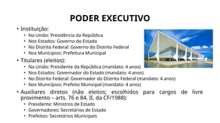 PODER EXECUTIVO
• Instituição:
• Na União: Presidência da República
• Nos Estados: Governo do Estado
• No Distrito Federal: Governo do Distrito Federal
• Nos Munícipios: Prefeitura Municipal
• Titulares (eleitos):
• Na União: Presidente da República (mandato: 4 anos)
• Nos Estados: Governador do Estado (mandato: 4 anos)
• No Distrito Federal: Governador do Distrito Federal (mandato: 4 anos)
• Nos Municípios: Prefeito Municipal (mandato: 4 anos)
• Auxiliares diretos (não eleitos; escolhidos para cargos de livre
provimento – arts. 76 e 84, II, da CF/1988):
• Presidente: Ministros de Estado
• Governadores: Secretários de Estado
• Prefeitos: Secretários Municipais
 