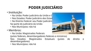 PODER JUDICIÁRIO
• Instituição:
• Na União: Poder Judiciário da União e CNJ
• Nos Estados: Poder Judiciário dos Estados
• No Distrito Federal: seu Poder Judiciário
faz parte do Judiciário da União
• Nos Munícipios: não há
• Membros:
• Na União: Magistrados Federais
(juízes federais, desembargadores federais e ministros)
Nos Estados: Magistrados Estaduais (juízes de direito e
desembargadores)
• Nos Municípios: não há
 