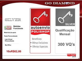 SILVER
              Bebidas
              Funcionais
                           Qualificação
Materiais da apoio

Pasta Personalizada
                             Mensal
 Loja Virtual
 Personalizada


 My Office                  300 VQ’s
   10xR$62,00
 