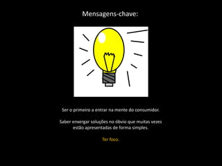 Mensagens-chave:




 Ser o primeiro a entrar na mente do consumidor.

Saber enxergar soluções no óbvio que muitas vezes
      estão apresentadas de forma simples.

                    Ter foco.
 