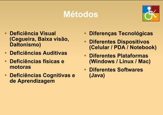 Métodos Deficiência Visual (Cegueira, Baixa visão, Daltonismo) Deficiências Auditivas Deficiências físicas e motoras Deficiências Cognitivas e de Aprendizagem Diferenças Tecnológicas Diferentes Dispositivos (Celular / PDA / Notebook) Diferentes Plataformas (Windows / Linux / Mac) Diferentes Softwares (Java) 
