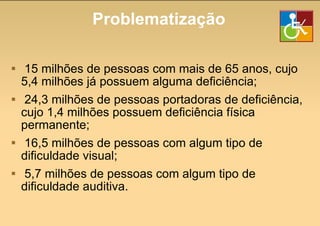 Problematização 15 milhões de pessoas com mais de 65 anos, cujo 5,4 milhões já possuem alguma deficiência; 24,3 milhões de pessoas portadoras de deficiência, cujo 1,4 milhões possuem deficiência física permanente; 16,5 milhões de pessoas com algum tipo de dificuldade visual; 5,7 milhões de pessoas com algum tipo de dificuldade auditiva. 