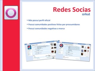 Redes Socias orkut Não possui perfil oficial Possui comunidades positivas feitas por prossumidores Possui comunidades negativas a marca 