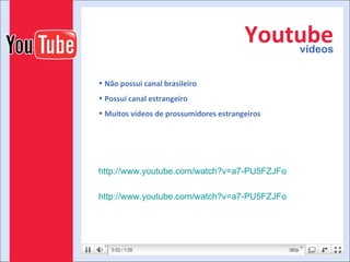 Youtube vídeos Não possui canal brasileiro Possui canal estrangeiro Muitos vídeos de prossumidores estrangeiros http://www.youtube.com/watch?v=a7-PU5FZJFo http://www.youtube.com/watch?v=a7-PU5FZJFo 