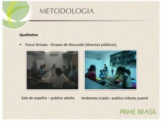 Qualitativa
• Focus Groups - Grupos de discussão (diversos públicos);
Sala de espelho – publico adulto Ambiente criado– publico infanto juvenil
 