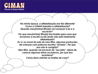 Na minha época, a alfabetização era tão diferente! Como o CIMAN trabalha a alfabetização? Quando meu(minha) filho(a) vai começar a ler e a escrever? Por que meu(minha) filho(a) traz tarefas para casa que envolvem a escrita se ele ainda não está totalmente alfabetizado? Eu vi, no mural da sala do meu filho, algumas produções de crianças com palavras escritas “erradas”. Por que isso não é corrigido? Meu filho, quando vai escrever do “seu jeito”, deixa de colocar algumas letras na palavra, por que isso acontece? Como devo orientar as tarefas de casa? 