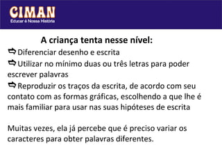 A criança tenta nesse nível:  Diferenciar desenho e escrita   Utilizar no mínimo duas ou três letras para poder escrever palavras   Reproduzir os traços da escrita, de acordo com seu contato com as formas gráficas, escolhendo a que lhe é mais familiar para usar nas suas hipóteses de escrita  Muitas vezes, ela já percebe que é preciso variar os caracteres para obter palavras diferentes. 