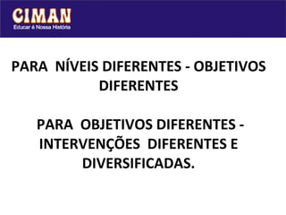 PARA  NÍVEIS DIFERENTES - OBJETIVOS DIFERENTES  PARA  OBJETIVOS DIFERENTES - INTERVENÇÕES  DIFERENTES E DIVERSIFICADAS. 