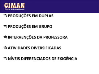  PRODUÇÕES EM DUPLAS    PRODUÇÕES EM GRUPO  INTERVENÇÕES DA PROFESSORA  ATIVIDADES DIVERSIFICADAS  NÍVEIS DIFERENCIADOS DE EXIGÊNCIA 