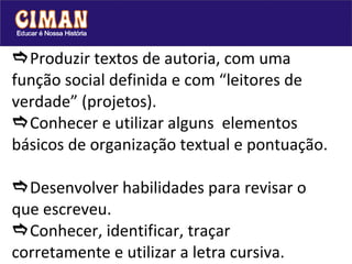  Produzir textos de autoria, com uma função social definida e com “leitores de verdade” (projetos).  Conhecer e utilizar alguns  elementos básicos de organização textual e pontuação.   Desenvolver habilidades para revisar o que escreveu.   Conhecer, identificar, traçar corretamente e utilizar a letra cursiva. 