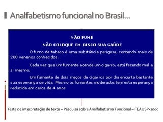 AnalfabetismofuncionalnoBrasil...
Teste de interpretação de texto – Pesquisa sobre Analfabetismo Funcional – FEAUSP-2000
 