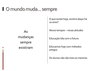 Omundomuda...sempre
As
mudanças
sempre
existiram
O que existe hoje, existira daqui há
10 anos?
Novos tempos – novas atitudes
Educação lida com o futuro
Educamos hoje com métodos
antigos
Os alunos não são mais os mesmos
 
