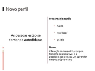 Novoperfil
Mudança de papéis
• Aluno
• Professor
• Escola
Bases:
interação com o outro, equipes,
trabalho colaborativo, e a
possibilidade de cada um aprender
em seu próprio ritmo
As pessoas estão se
tornando autodidatas
 