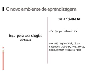 Onovoambientedeaprendizagem
PRESENÇAONLINE
• Em tempo real ou offline
• e-mail, páginasWeb, blogs,
Facebook,Google+, SMS, Skype,
Flickr,Tumblr, Podcasts,Apps
Incorpora tecnologias
virtuais
 