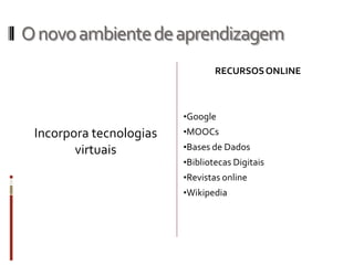 Onovoambientedeaprendizagem
RECURSOSONLINE
•Google
•MOOCs
•Bases de Dados
•Bibliotecas Digitais
•Revistas online
•Wikipedia
Incorpora tecnologias
virtuais
 
