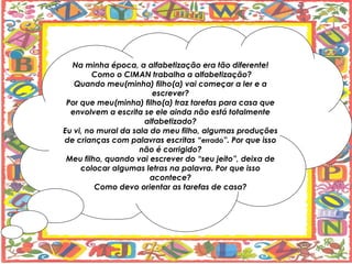 Na minha época, a alfabetização era tão diferente!
        Como o CIMAN trabalha a alfabetização?
   Quando meu(minha) filho(a) vai começar a ler e a
                        escrever?
 Por que meu(minha) filho(a) traz tarefas para casa que
  envolvem a escrita se ele ainda não está totalmente
                      alfabetizado?
Eu vi, no mural da sala do meu filho, algumas produções
de crianças com palavras escritas “errado”. Por que isso
                     não é corrigido?
 Meu filho, quando vai escrever do “seu jeito”, deixa de
     colocar algumas letras na palavra. Por que isso
                        acontece?
         Como devo orientar as tarefas de casa?
 