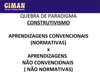 QUEBRA DE PARADIGMA
     CONSTRUTIVISMO

APRENDIZAGENS CONVENCIONAIS
        (NORMATIVAS)
             x
       APRENDIZAGENS
    NÃO CONVENCIONAIS
     ( NÃO NORMATIVAS)
 
