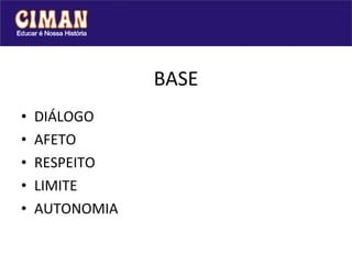 BASE
•   DIÁLOGO
•   AFETO
•   RESPEITO
•   LIMITE
•   AUTONOMIA
 
