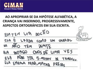 AO APROPRIAR-SE DA HIPÓTESE ALFABÉTICA, A
CRIANÇA VAI INSERINDO, PROGRESSIVAMENTE,
ASPECTOS ORTOGRÁFICOS EM SUA ESCRITA.
 