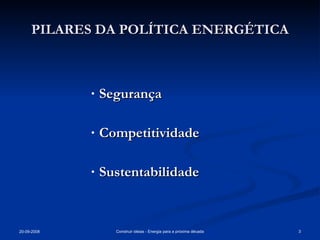 PILARES DA POLÍTICA ENERGÉTICA Segurança Competitividade Sustentabilidade 