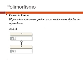 Polimorfismo
 Conceito Chave
Objetos das subclasses podem ser tratados como objetos da
superclasse
::Project2
A
m1(...)
m2(...)
B
m1(...)
m3(...)
 