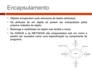 Encapsulamento
 Objetos encapsulam suas estruturas de dados (atributos).
 Os atributos de um objeto só podem ser manipulados pelos
próprios métodos do objeto
 Restringe a visibilidade do objeto mas facilita o reuso.
 Os DADOS e os MÉTODOS são empacotados sob um nome e
podem ser reusados como uma especificação ou componente de
programa.
 