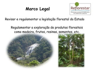 Regulamentar a exploração de produtos florestais como madeira, frutos, resinas, sementes, etc. Marco Legal Revisar e regulamentar a legislação florestal do Estado 
