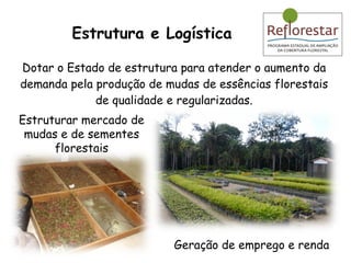 Dotar o Estado de estrutura para atender o aumento da demanda pela produção de mudas de essências florestais de qualidade e regularizadas. Estrutura e Logística Estruturar mercado de mudas e de sementes florestais Geração de emprego e renda 