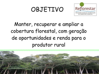 OBJETIVO Manter, recuperar e ampliar a cobertura florestal, com geração de oportunidades e renda para o produtor rural 