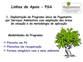 Modalidades do Programa: 1. Implantação de Programa único de Pagamento por Serviços Ambientais com ampliação das áreas de atuação e da metodologia de aplicação Floresta em Pé Florestas em recuperação Formas amigáveis com o meio ambiente Linhas de Apoio - PSA 