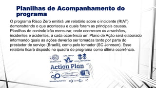 Planilhas de Acompanhamento do
programa
O programa Risco Zero emitirá um relatório sobre o incidente (RIAT)
demonstrando o que aconteceu e quais foram as principais causas.
Planilhas de controle irão mensurar, onde ocorreram os arranhões,
incidentes e acidentes, a cada ocorrência um Plano de Ação será elaborado
informando quais as ações deverão ser tomadas tanto por parte do
prestador de serviço (Braelli), como pelo tomador (SC Johnson). Esse
relatório ficará disposto no quadro do programa como última ocorrência.
 