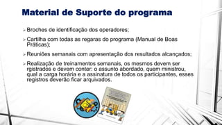 Material de Suporte do programa
Broches de identificação dos operadores;
Cartilha com todas as regaras do programa (Manual de Boas
Práticas);
Reuniões semanais com apresentação dos resultados alcançados;
Realização de treinamentos semanais, os mesmos devem ser
rgistrados e devem conter: o assunto abordado, quem ministrou,
qual a carga horária e a assinatura de todos os participantes, esses
registros deverão ficar arquivados.
 