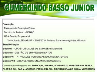 Formação:
• Professor de Educação Física.
• Técnico de Turismo - SENAC
• MBA Gestão Empresarial.
* Instrutor do SENAR/SP – 2005/2010: Turismo Rural nos seguintes Módulos:
Sensilbilização
Módulo I – OPOSTUNIDADES DE EMPREENDIMENTOS
Módulo III- GESTÃO DE EMPREENDIMENTOS
Módulo VII – ATIVIDADES TURISTICAS EM ÁREA NATURAIS
Módulo VIII – ATENDENDO E ENCANTANDO CLIENTE
Consolidação do Programa em: SOROCABA, SARAPUÍ, PORTO FELIZ, ARAÇOIABA DA SERRA,
PILAR DO SUL, SÃO M. ARCANJO, PARIQUERA SUL, RIBEIRÃO BRANCO IBIUNA, VOTORANTIM
Formação:
• Professor de Educação Física.
• Técnico de Turismo - SENAC
• MBA Gestão Empresarial.
* Instrutor do SENAR/SP – 2005/2010: Turismo Rural nos seguintes Módulos:
Sensilbilização
Módulo I – OPOSTUNIDADES DE EMPREENDIMENTOS
Módulo III- GESTÃO DE EMPREENDIMENTOS
Módulo VII – ATIVIDADES TURISTICAS EM ÁREA NATURAIS
Módulo VIII – ATENDENDO E ENCANTANDO CLIENTE
Consolidação do Programa em: SOROCABA, SARAPUÍ, PORTO FELIZ, ARAÇOIABA DA SERRA,
PILAR DO SUL, SÃO M. ARCANJO, PARIQUERA SUL, RIBEIRÃO BRANCO IBIUNA, VOTORANTIM
 