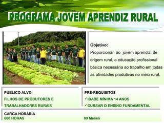 Objetivo:
Proporcionar ao jovem aprendiz, de
origem rural, a educação profissional
básica necessária ao trabalho em todas
as atividades produtivas no meio rural.
Objetivo:
Proporcionar ao jovem aprendiz, de
origem rural, a educação profissional
básica necessária ao trabalho em todas
as atividades produtivas no meio rural.
PÚBLICO ALVO
FILHOS DE PRODUTORES E
TRABALHADORES RURAIS
PÚBLICO ALVO
FILHOS DE PRODUTORES E
TRABALHADORES RURAIS
PRÉ-REQUISITOS
IDADE MÍNIMA 14 ANOS
CURSAR O ENSINO FUNDAMENTAL
PRÉ-REQUISITOS
IDADE MÍNIMA 14 ANOS
CURSAR O ENSINO FUNDAMENTAL
CARGA HORÁRIA
600 HORAS 09 Meses
CARGA HORÁRIA
600 HORAS 09 Meses
 