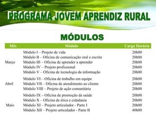 Mês Módulo Carga Horária
Março
Módulo I – Projeto de vida
Módulo II – Oficina de comunicação oral e escrita
Módulo III – Oficina de aprender a aprender
Módulo IV – Projeto profissional
Módulo V – Oficina de tecnologia da informação
20h00
20h00
20h00
20h00
28h00
Abril
Módulo VI – Oficina de trabalho em equipe
Módulo VII – Oficina de atendimento ao cliente
Módulo VIII – Projeto de ação comunitária
20h00
20h00
20h00
Maio
Módulo IX – Oficina de promoção da saúde
Módulo X – Oficina de ética e cidadania
Módulo XI – Projeto articulador - Parte I
Módulo XII – Projeto articulador - Parte II
20h00
20h00
20h00
40h00
 