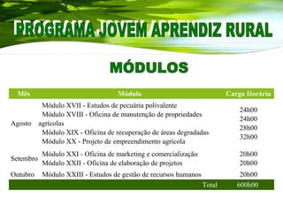 Mês Módulo Carga Horária
Agosto
Módulo XVII - Estudos de pecuária polivalente
Módulo XVIII - Oficina de manutenção de propriedades
agrícolas
Módulo XIX - Oficina de recuperação de áreas degradadas
Módulo XX - Projeto de empreendimento agrícola
24h00
24h00
28h00
32h00
Setembro
Módulo XXI - Oficina de marketing e comercialização
Módulo XXII - Oficina de elaboração de projetos
20h00
20h00
Outubro Módulo XXIII - Estudos de gestão de recursos humanos 20h00
Total 600h00
 