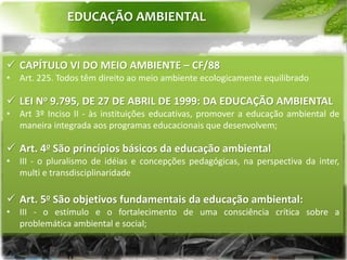 EDUCAÇÃO AMBIENTAL
 CAPÍTULO VI DO MEIO AMBIENTE – CF/88
• Art. 225. Todos têm direito ao meio ambiente ecologicamente equilibrado
 LEI No 9.795, DE 27 DE ABRIL DE 1999: DA EDUCAÇÃO AMBIENTAL
• Art 3º Inciso II - às instituições educativas, promover a educação ambiental de
maneira integrada aos programas educacionais que desenvolvem;
 Art. 4o São princípios básicos da educação ambiental
• III - o pluralismo de idéias e concepções pedagógicas, na perspectiva da inter,
multi e transdisciplinaridade
 Art. 5o São objetivos fundamentais da educação ambiental:
• III - o estímulo e o fortalecimento de uma consciência crítica sobre a
problemática ambiental e social;
 