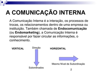 A COMUNICAÇÃO INTERNA
A Comunicação Interna é a interação, os processos de
trocas, os relacionamentos dentro de uma empresa ou
instituição. Também chamada de Endocomunicação
(ou Endomarketing), a Comunicação Interna é
responsável por fazer circular as informações, o
conhecimento.

 VERTICAL      Direção     HORIZONTAL




                            Mesmo Nível de Subordinação
            Subordinados
                                           2
 