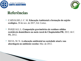  CARVALHO, I. C. M. Educação Ambiental a formação do sujeito
ecológico. 30 de nov. de 2017, Ed. Cortez.
 PASQUALI, L. Composição gravimétrica de resíduos sólidos
recicláveis domiciliares no meio rural de Chopinzinho/PR. 2012. 66 f.
PR, 2012.
 SILVA, M. N. A educação ambiental na sociedade atual e sua
abordagem no ambiente escolar. Mai. de 2012.
Referências
 