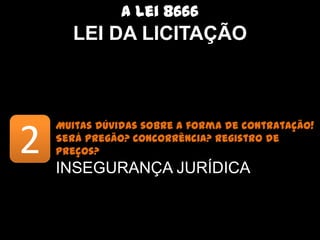 A lei 8666
       LEI DA LICITAÇÃO



    Muitas dúvidas sobre a forma de contratação!

2   Será Pregão? Concorrência? Registro de preços?
    INSEGURANÇA JURÍDICA
 