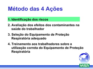 Método das 4 Ações
1. Identificação dos riscos
2. Avaliação dos efeitos dos contaminantes na
saúde do trabalhador
3. Seleção do Equipamento de Proteção
Respiratória adequado
4. Treinamento aos trabalhadores sobre a
utilização correta do Equipamento de Proteção
Respiratória
 