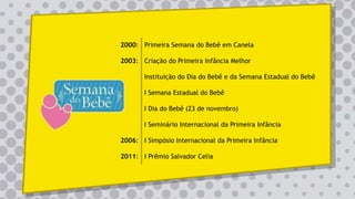 2000: Primeira Semana do Bebê em Canela
2003: Criação do Primeira Infância Melhor
Instituição do Dia do Bebê e da Semana Estadual do Bebê
I Semana Estadual do Bebê
I Dia do Bebê (23 de novembro)
I Seminário Internacional da Primeira Infância
2006: I Simpósio Internacional da Primeira Infância
2011: I Prêmio Salvador Celia
 