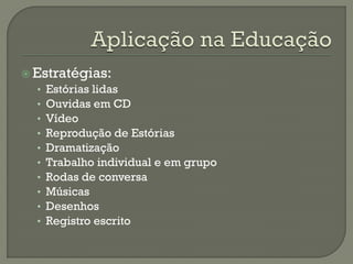  Estratégias:
• Estórias lidas
• Ouvidas em CD
• Vídeo
• Reprodução de Estórias
• Dramatização
• Trabalho individual e em grupo
• Rodas de conversa
• Músicas
• Desenhos
• Registro escrito
 