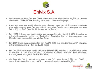Enivix S.A.
 Iniciou suas operações em 2003 ,atendendo as demandas logísticas de um
  cliente da TERRA NOVA Trading ,empresa do mesmo grupo .

 Atendendo as necessidades de seus clientes ,teve um rápido crescimento e
  expandiu suas operações através da construção de armazém próprio em
  Serra (ES) no TIMS (Terminal Intermodal de Serra )

 Em 2007 iniciou as operações no Armazém de Jundiaí (SP) localizado
  estrategicamente entre as Rodovias Bandeirantes e Anhanguera ,no
  Condomínio construído por Walter Torre.

 Em 2009 inicia suas operações em ITAJAÍ (SC) ,no condomínio AMP ,situado
  estrategicamente a 1 Km do EADI Itajaí.

 Em 2010 implantamos nossa unidade Barueri (SP), devido a proximidade com
  a capital e ao fácil acesso (Rodovias Castelo Branco, Bandeirantes,
  Anhanguera, Marginais Tietê e Pinheiros)

 No final de 2011 adquirimos um novo CD em Serra ( ES) no          CIVIT   ,
  consolidando assim nossa política de crescimento para a Região.
 