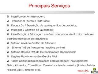 Principais Serviços

   Logística de Armazenagem;
    Transportes (aéreo e rodoviário);
   Recepção / Expedição de quaisquer tipo de produtos;
   Inspeção / Controle de Qualidade;
   Identificação / Estocagem em área adequada, dentro dos melhores
padrões técnicos e de segurança;
   Sistema WMS de Gestão de Estoques;
    Sistema TMS de Transportes (tracking on-line)
   Sistema Datasul EMS de Gerenciamento Operacional;
   Regime Fiscal – Armazém Geral e Filial;
   Todas Certificações necessárias para operações nos segmentos
Eletro, Alimentos, Cosméticos, Correlatos e Medicamentos (Anvisa, Policia
Federal, ABNT, Inmetro, etc).
 