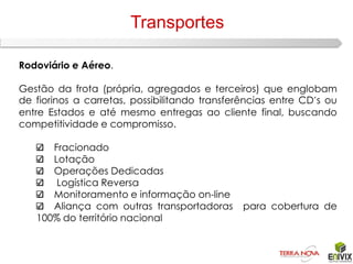 Transportes

Rodoviário e Aéreo.

Gestão da frota (própria, agregados e terceiros) que englobam
de fiorinos a carretas, possibilitando transferências entre CD´s ou
entre Estados e até mesmo entregas ao cliente final, buscando
competitividade e compromisso.

      Fracionado
      Lotação
      Operações Dedicadas
       Logística Reversa
      Monitoramento e informação on-line
      Aliança com outras transportadoras       para cobertura de
   100% do território nacional
 