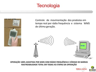 Tecnologia

                      Controle de movimentação dos produtos em
                      tempo real por rádio frequência e sistema WMS
                      de última geração.




                                                                WMS




OPERAÇÃO 100% ASSISTIDA POR WMS COM RÁDIO FREQUÊNCIA E CÓDIGO DE BARRAS
          RASTREABILIDADE TOTAL EM TODAS AS ETAPAS DA OPERAÇÃO
 