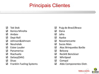 Principais Clientes



Tok Stok                     Puig do Brasil/Braco
Konica Minolta               Dana
Ambev                        Jafra
Depi-Roll                    Ayoba
Johnson&Johnson              Novamercante
Neutrolab                    Sucos Mais
Estee Lauder                  Atac Brinquedos Barão
Panamerica                    Belcorp
Riachuelo                     Reckitt Benckiser
Delsey(DAV)                   Whrilpool
Disac                         Compal
Franklin Fueling Systems      Aldo Componentes Eletr.
 